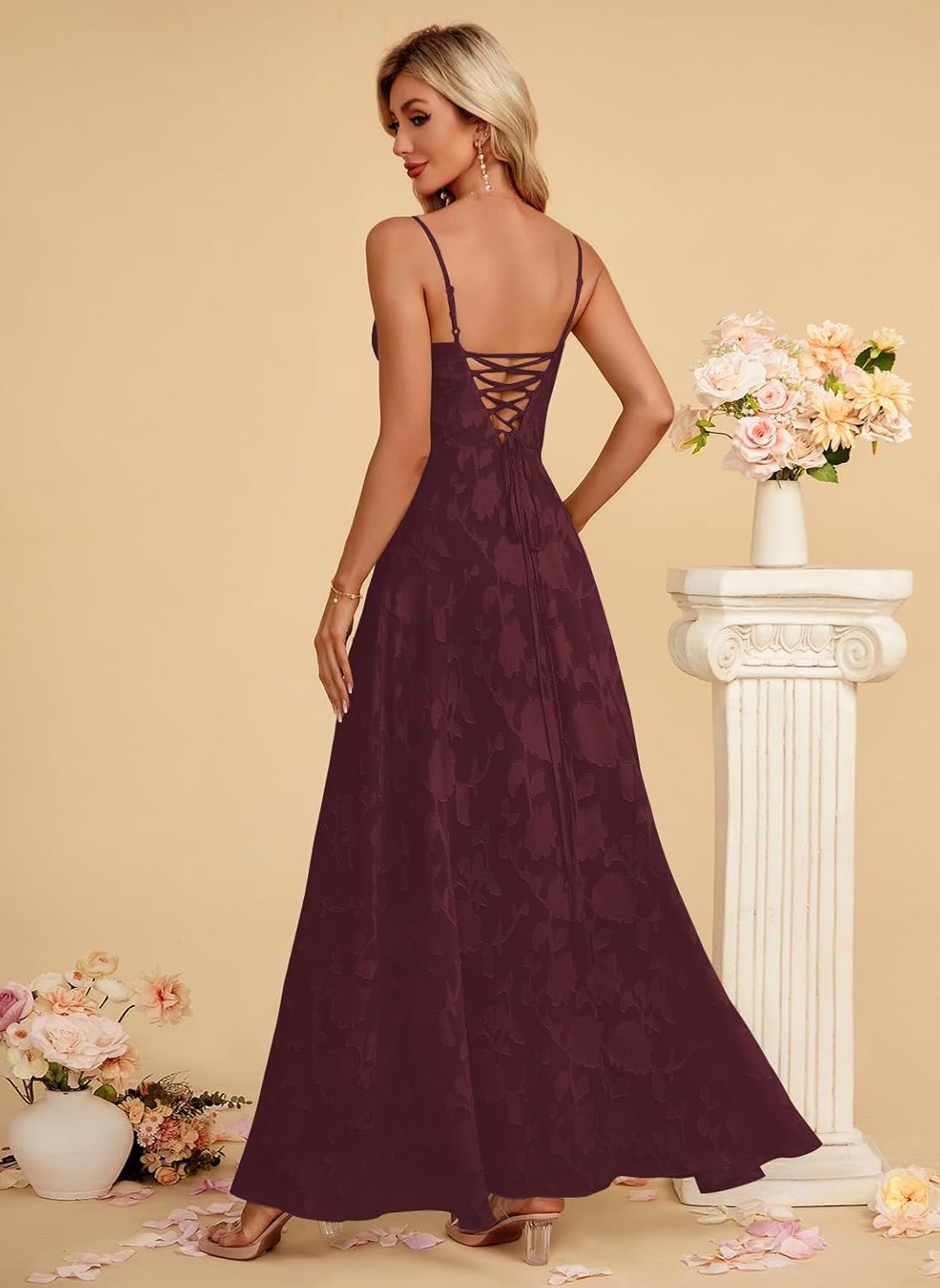 Women's Elegant Wedding Guest Dress Spaghetti Straps Floral Sleeveless Formal Dress Maxi Gown
