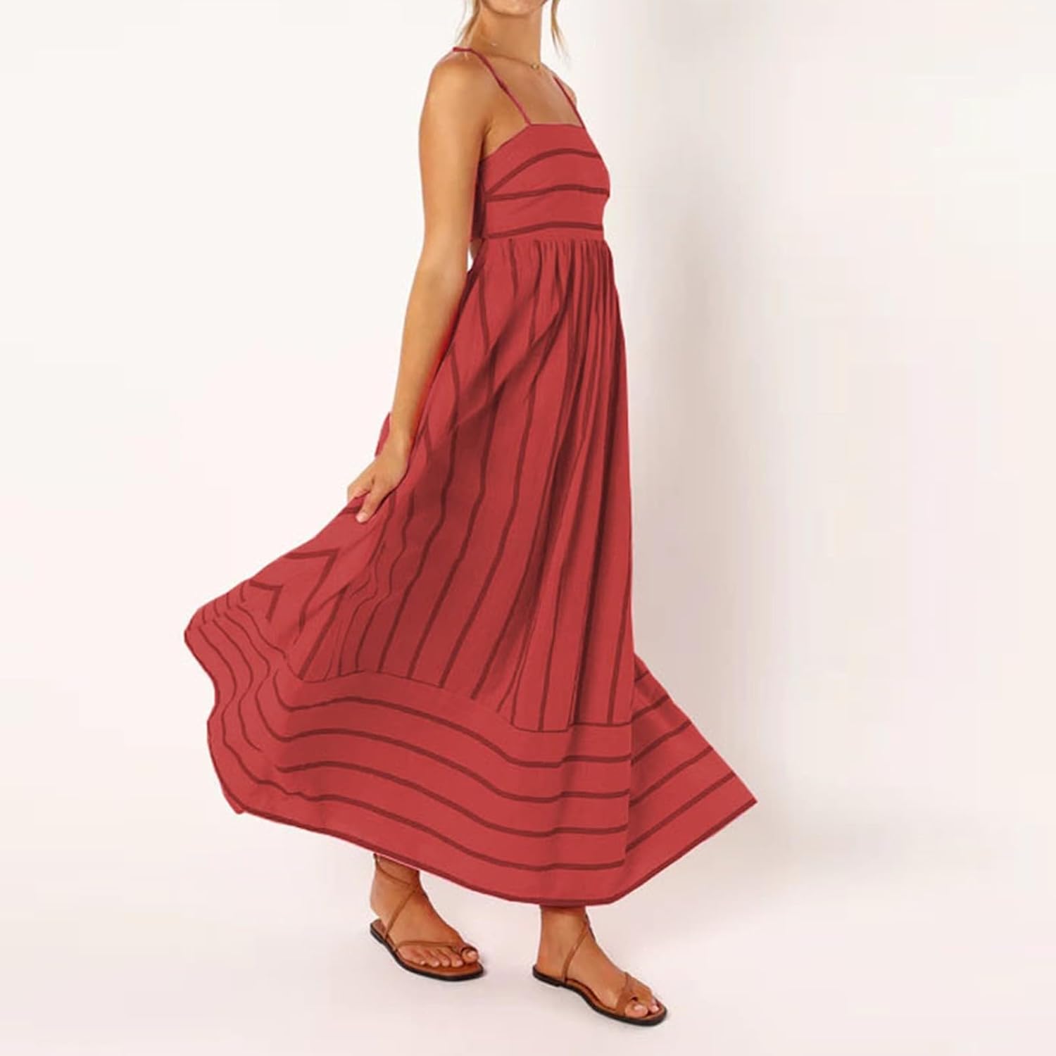 Beach Dresses for Women Summer Striped Back Smocked Maxi Dress Spaghetti Strap Cut Out Flowy A Line Long Sundresses