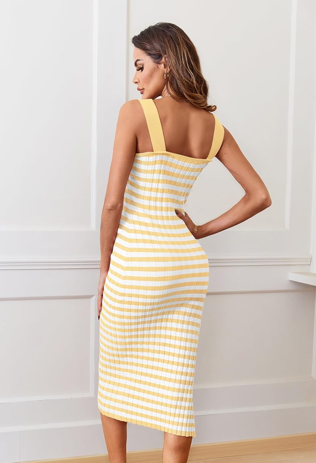MEROKEETY Women's 2025 Summer Spring Bodycon Midi Dress Vacation Sleeveless Ribbed Knit Striped Party Sweater Dresses
