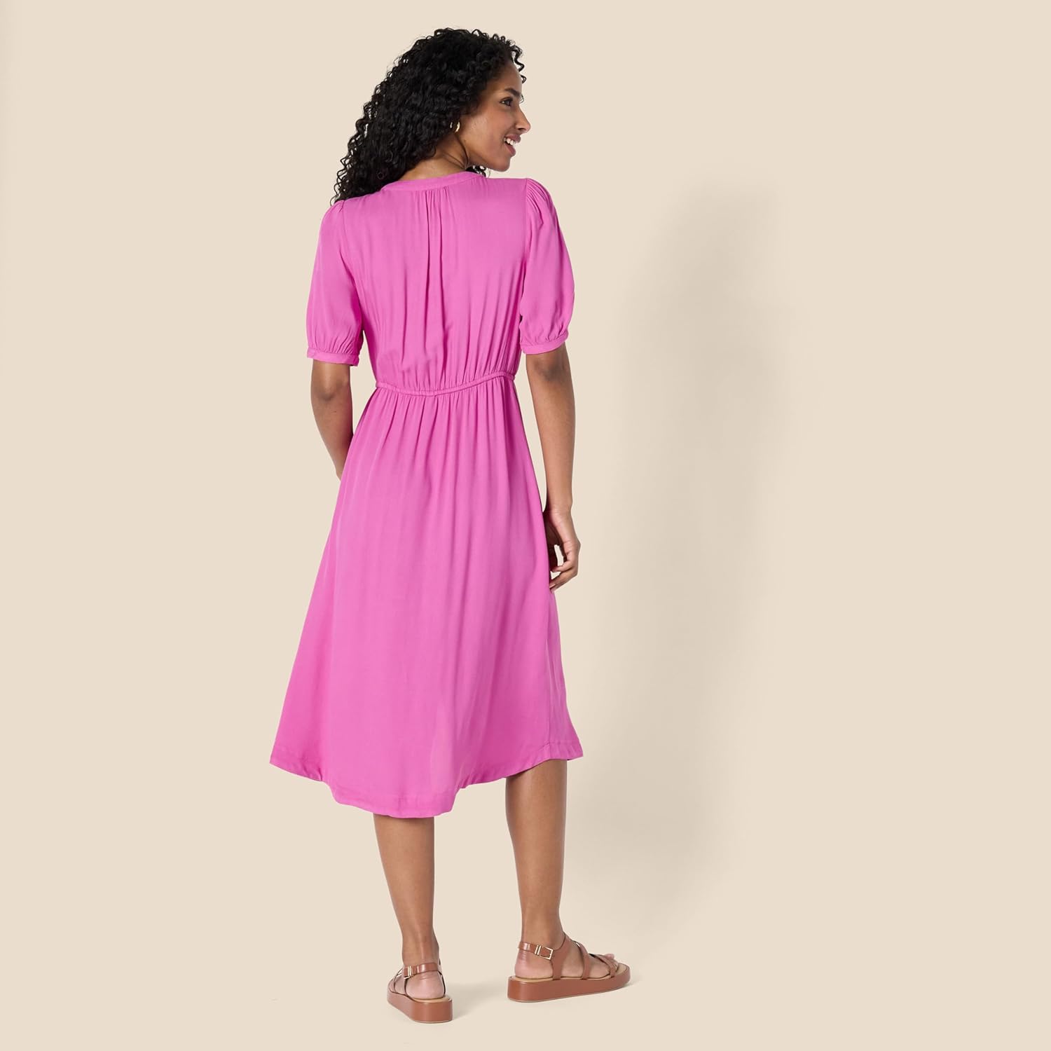 Amazon Essentials Women's Relaxed Fit Half-Sleeve Waisted Midi A-Line Dress