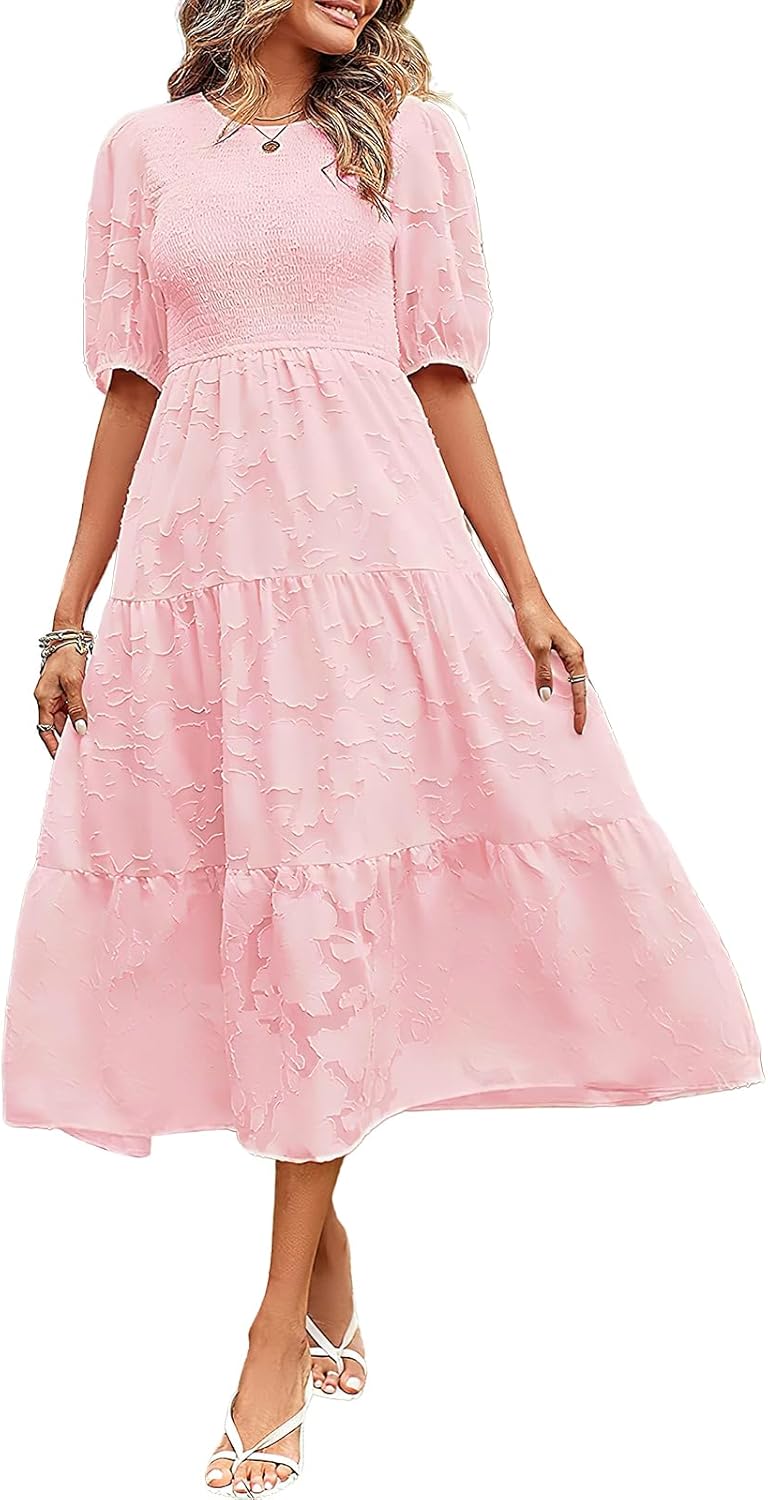 ebossy Women's Casual Smocked Lace Party Dress Puff Sleeve A-line Flowy Tiered Jacquard Midi Dress