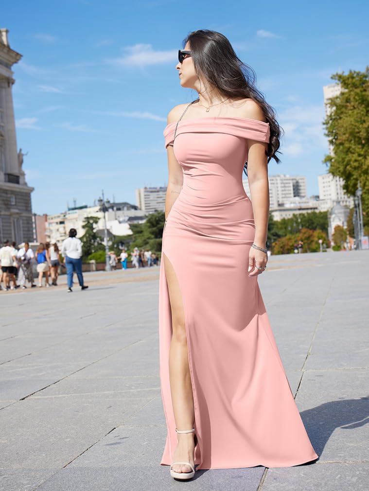 LAGSHIAN Women's Elegant Bodycon Off Shoulder Sleeveless High Split Ruched Long Formal Evening Dress