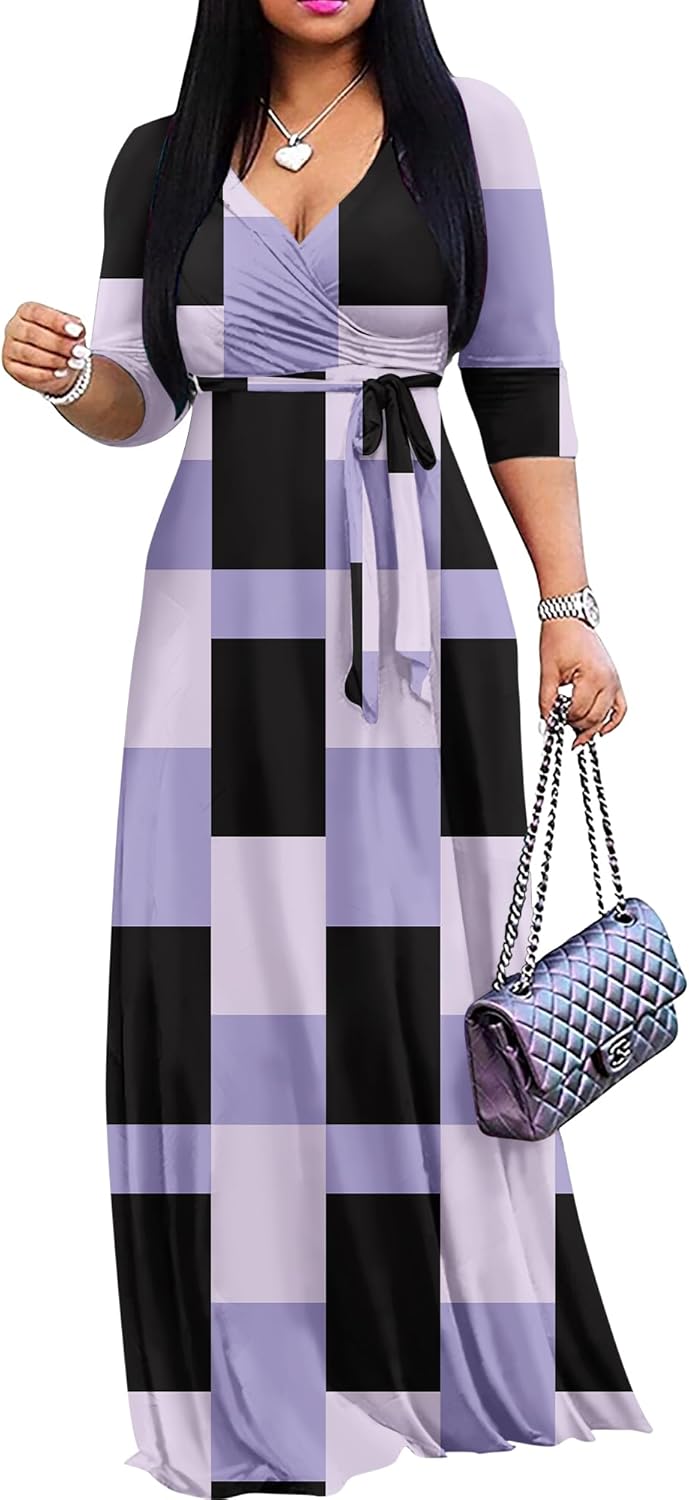 FANDEE Plus Size Maxi Dress for Women Casual Summer Sundress V-Neck 3/4 Sleeve