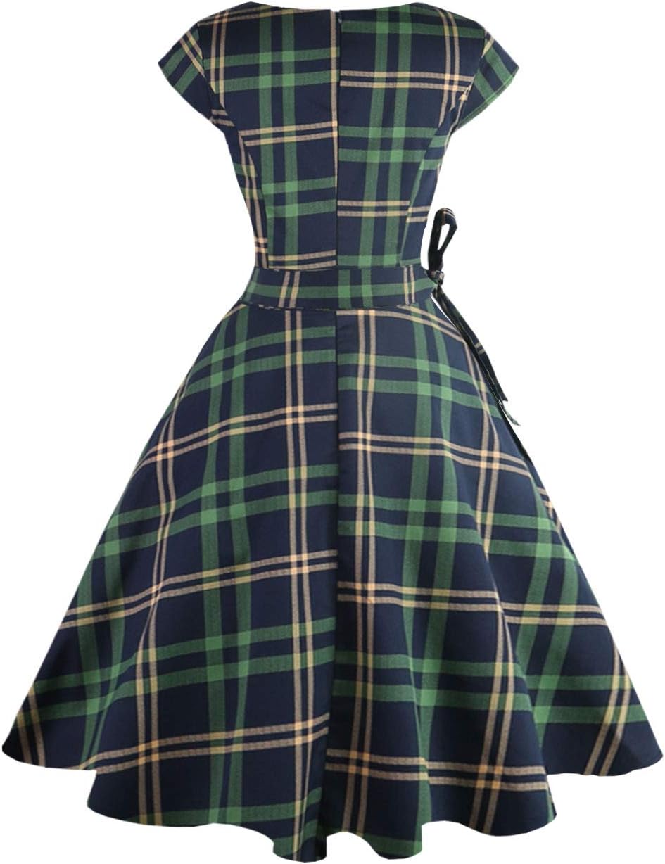 PUKAVT Women's 1950 Boatneck Cap Sleeve Vintage Swing Cocktail Party Dress with Pockets