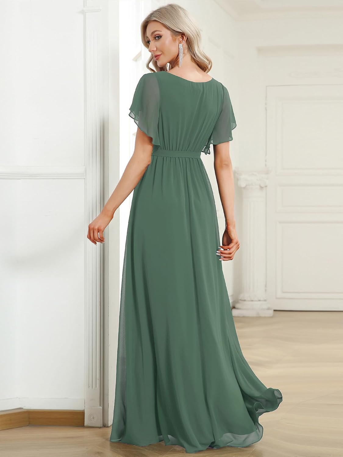 Ever-Pretty Women's Bridesmaid Dress V-Neck Ruffle Sleeves Ruched Bust Floor Length Chiffon Formal Dresses 0164A