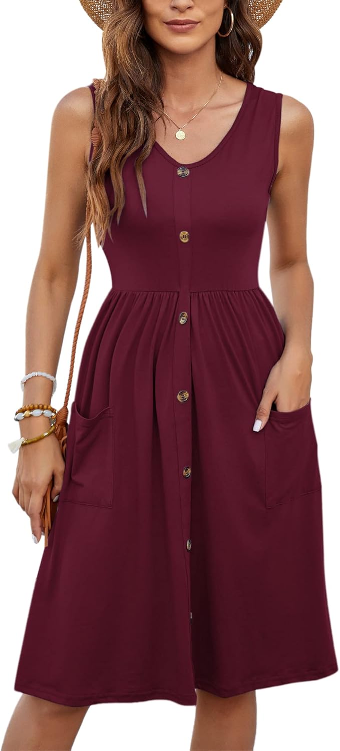 MOLERANI Women Summer Dresses Sleeveless Casual Loose Swing Button Down Midi Dress with Pockets