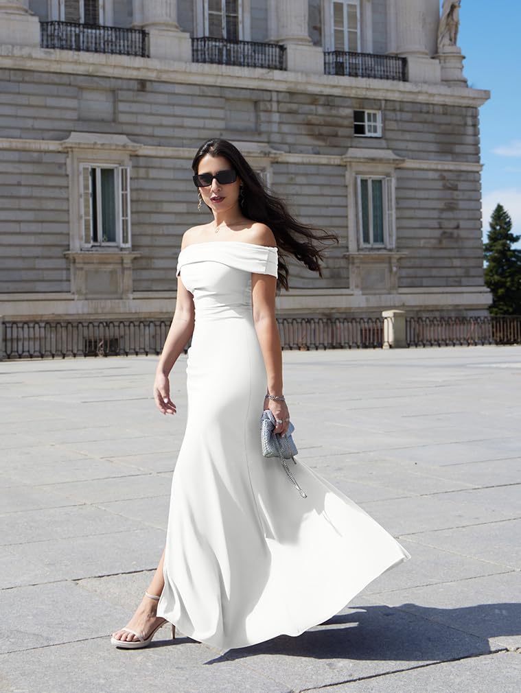 LAGSHIAN Women's Elegant Bodycon Off Shoulder Sleeveless High Split Ruched Long Formal Evening Dress