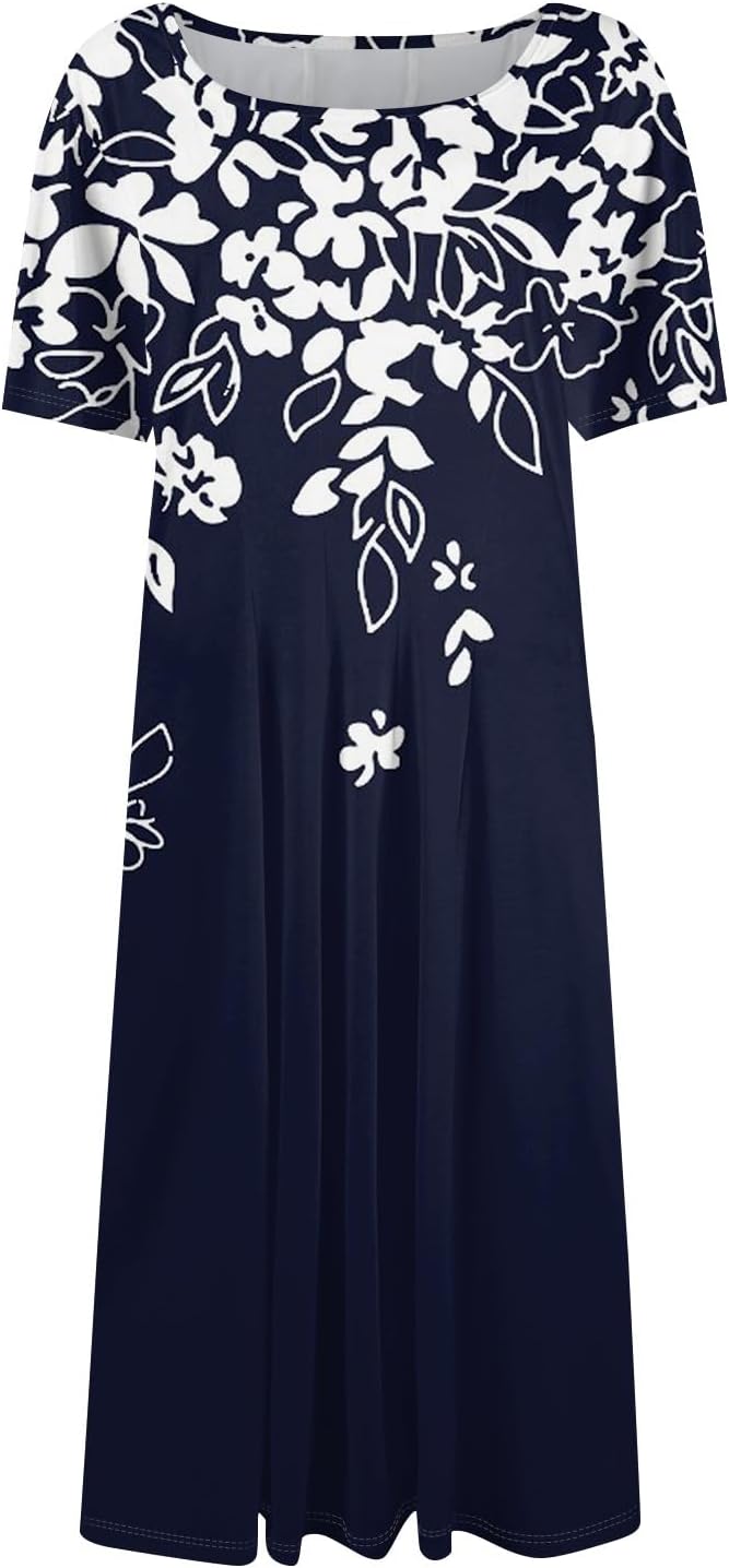 Summer Dresses for Women 2025 Crew Neck Short Sleeve Boho Beach Vacation Floral/Solid Midi Sundresses with Pockets