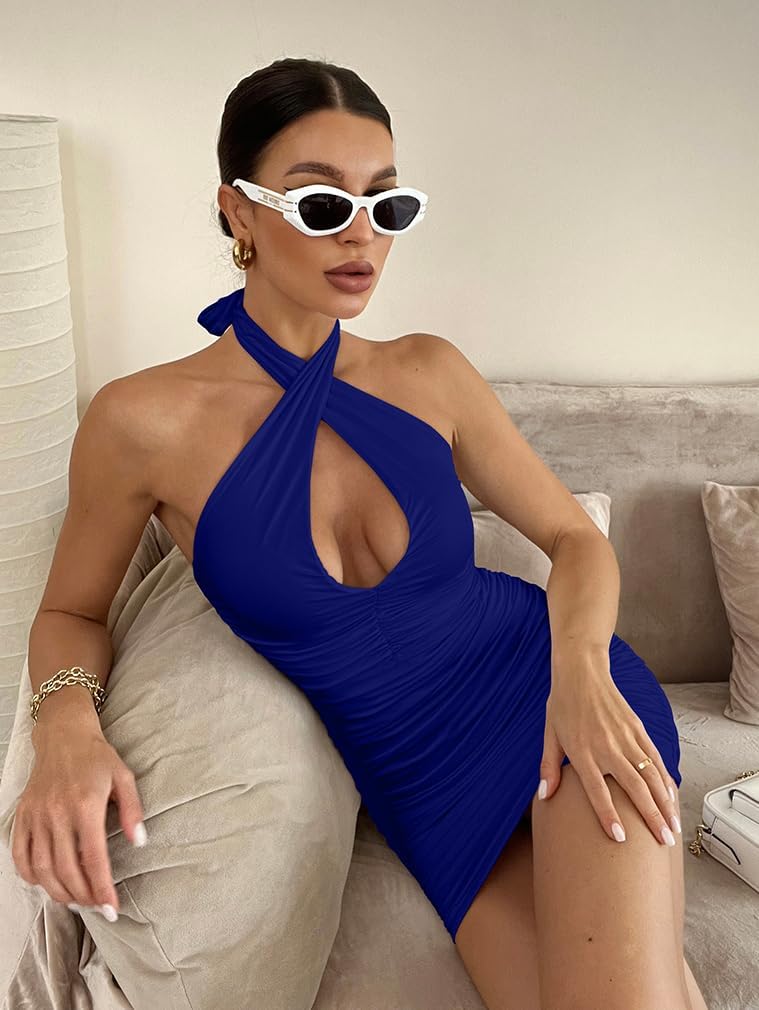 BEAGIMEG Women's Sexy Bodycon Sleeveless Criss Cross Ruched Halter Mini Dress Party Club Dress