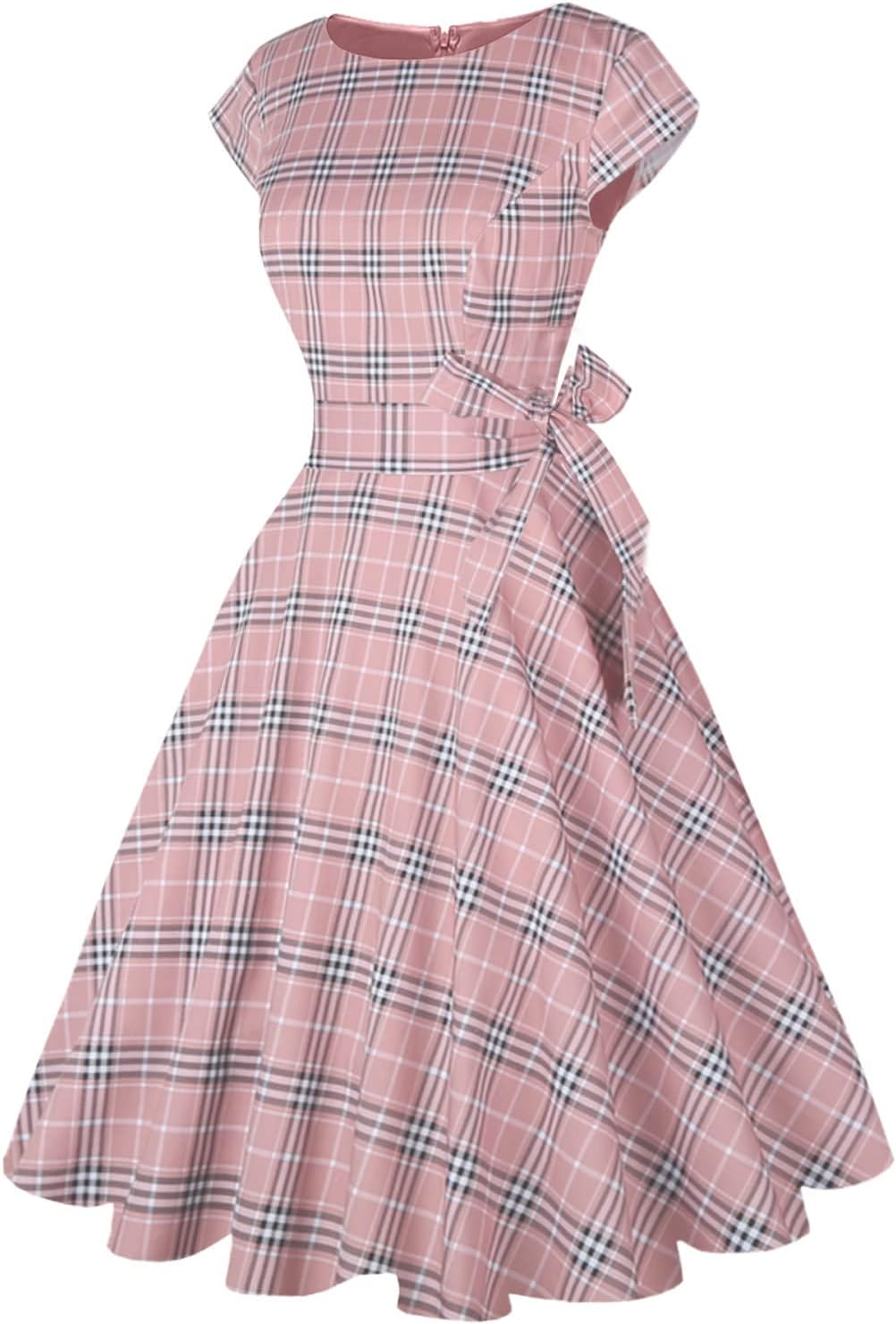 PUKAVT Women's 1950 Boatneck Cap Sleeve Vintage Swing Cocktail Party Dress with Pockets