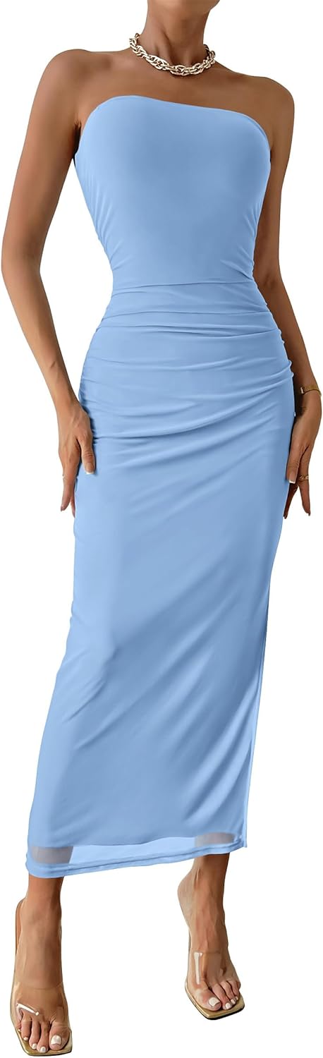 PRETTYGARDEN Women's Summer Maxi Bodycon Dresses Strapless Tube Top Printed Long Party Club Slit Dress