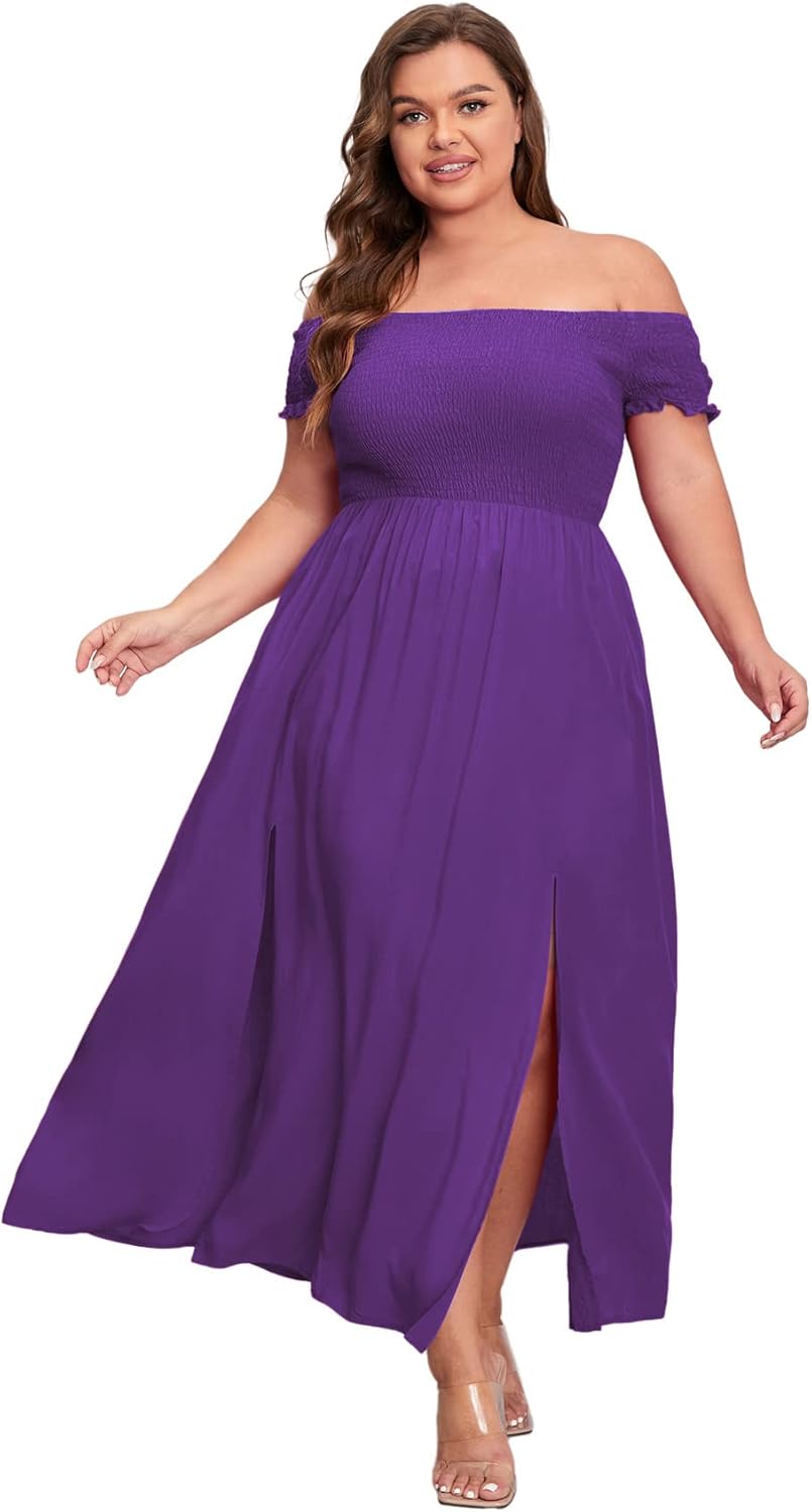 Floerns Women's Boho Floral Print Off Shoulder Split Long A Line Dress