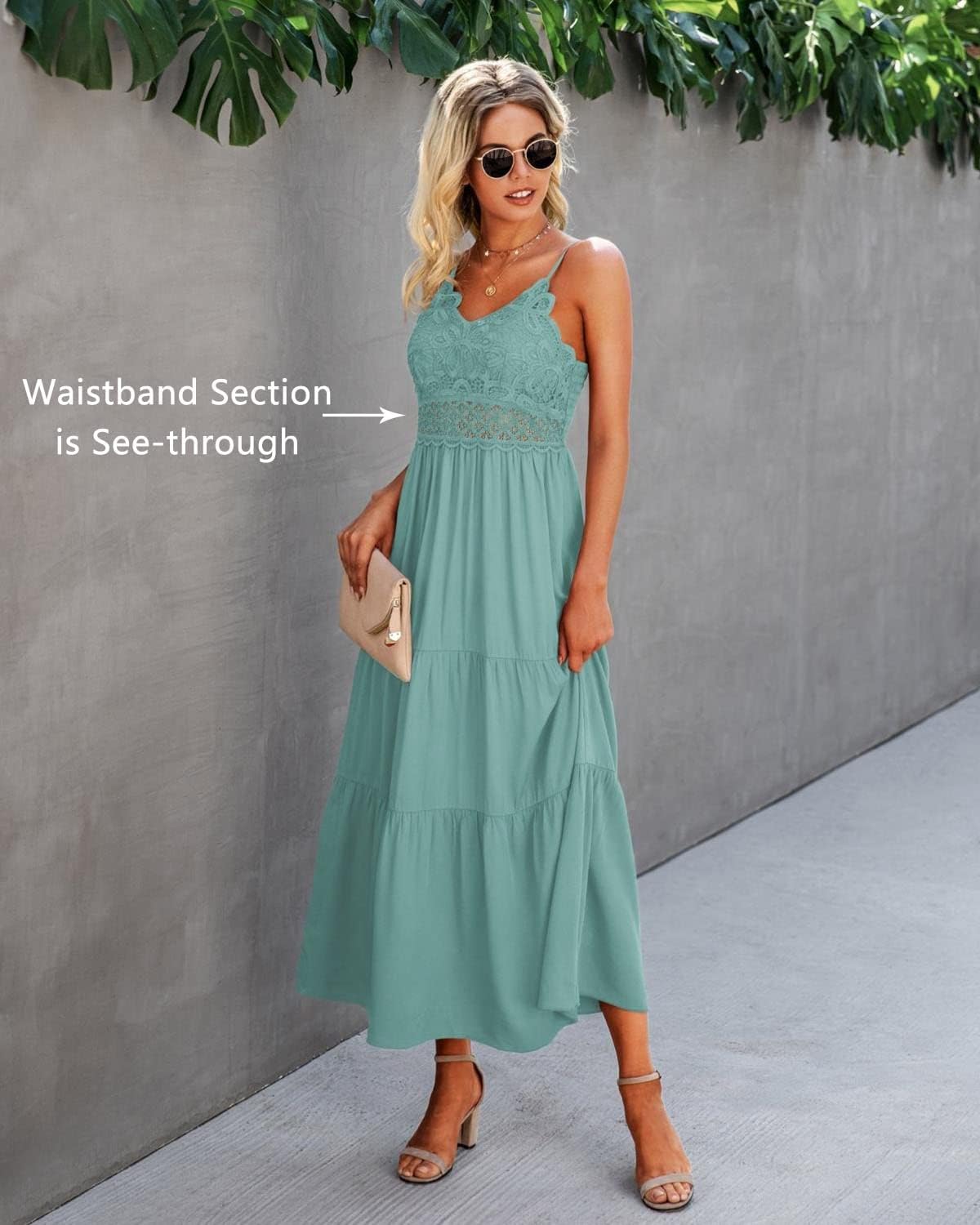 Dokuritu Women's Beach Crochet Lace Maxi Dress Solid Color Summer Vacation Spaghetti Strap Long Dress 2024