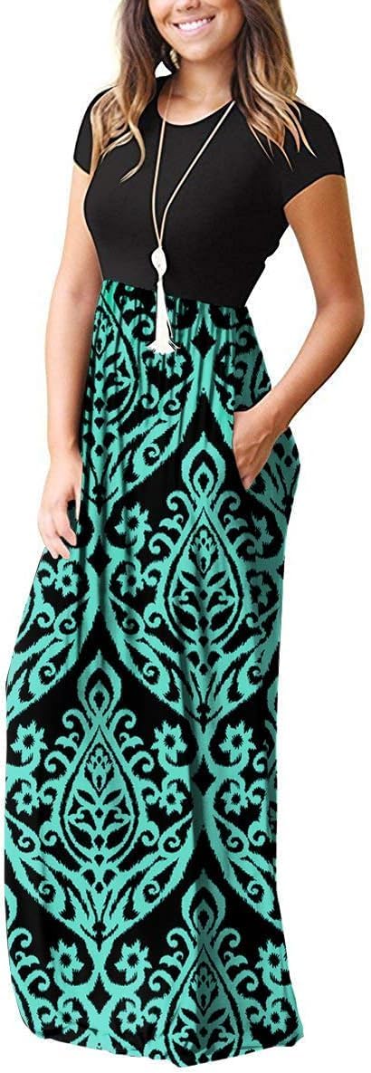 DEARCASE Maxi Dress for Women Short Sleeve Casual Summer Loose Plain Comfy Long Dresses with Pockets