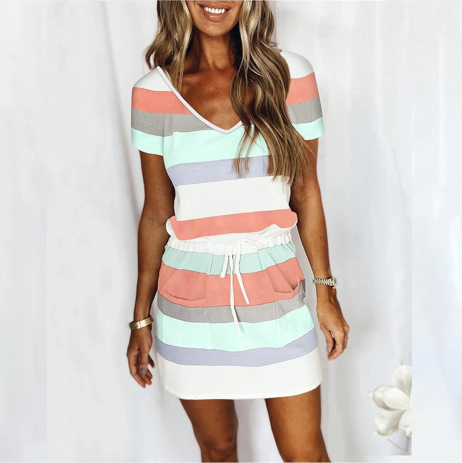 Women Summer Casual Striped Dress Drawstring Waist Tie Knot Mini Dresses Short Sleeve V Neck Tank Dress with Pocket