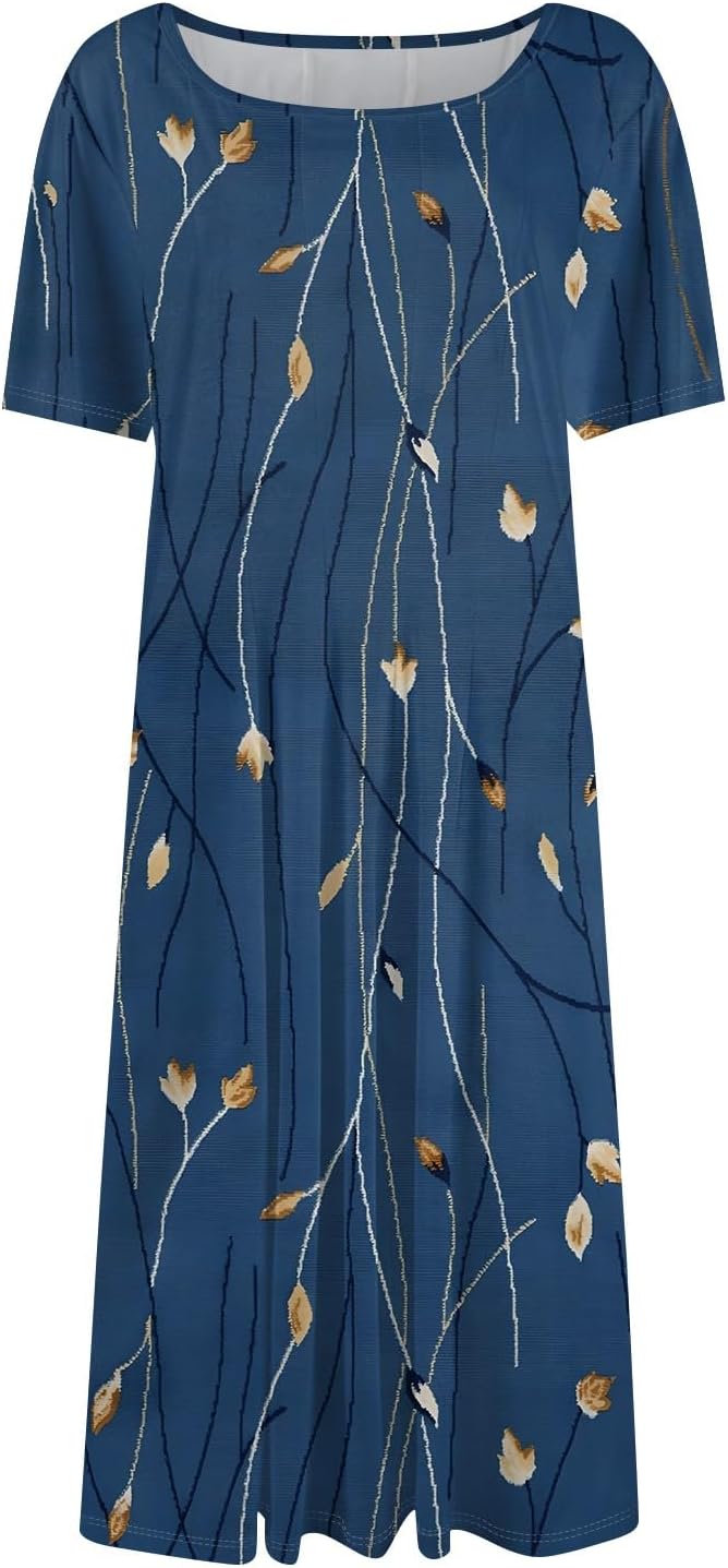 Summer Dresses for Women 2025 Crew Neck Short Sleeve Boho Beach Vacation Floral/Solid Midi Sundresses with Pockets