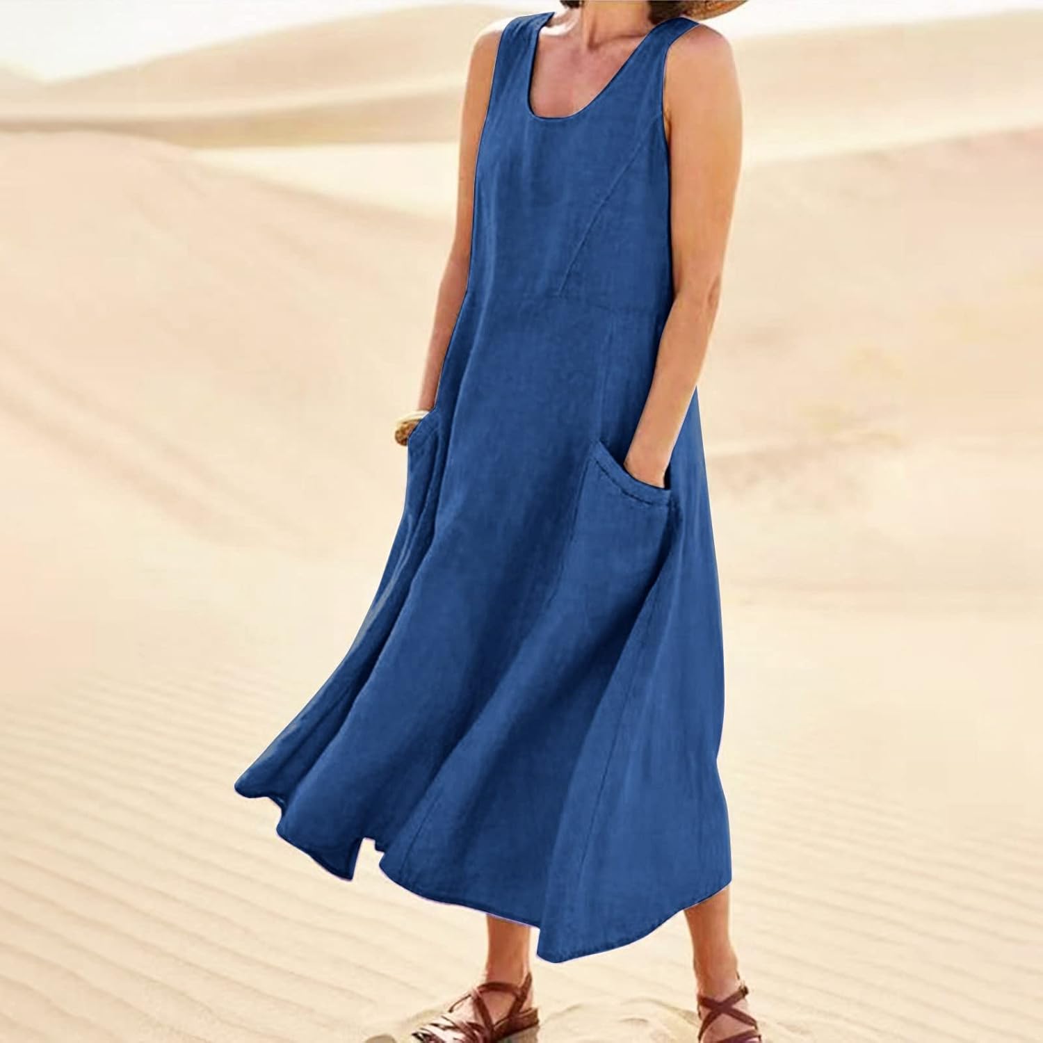 Women's Casual Sleeveless Dresses, Cotton Linen Pocket Dresses Summer Dresses for Women 2024 Sundresses Beach Dress