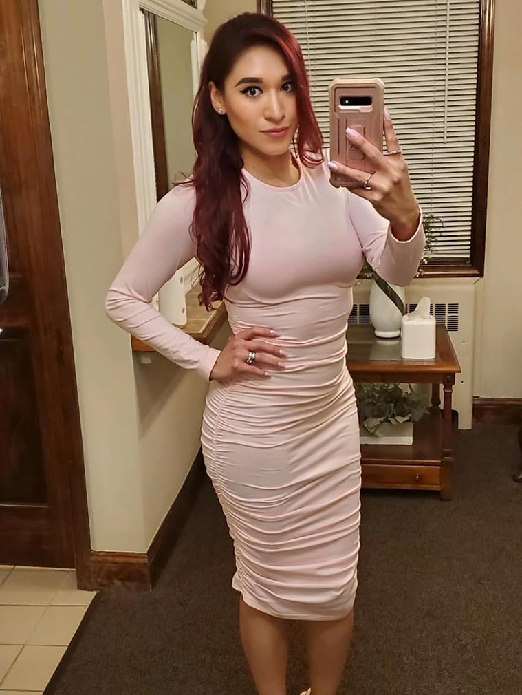 BEAGIMEG Women's Ruched Long Sleeve Elegant Bodycon Basic Casual Midi Dress