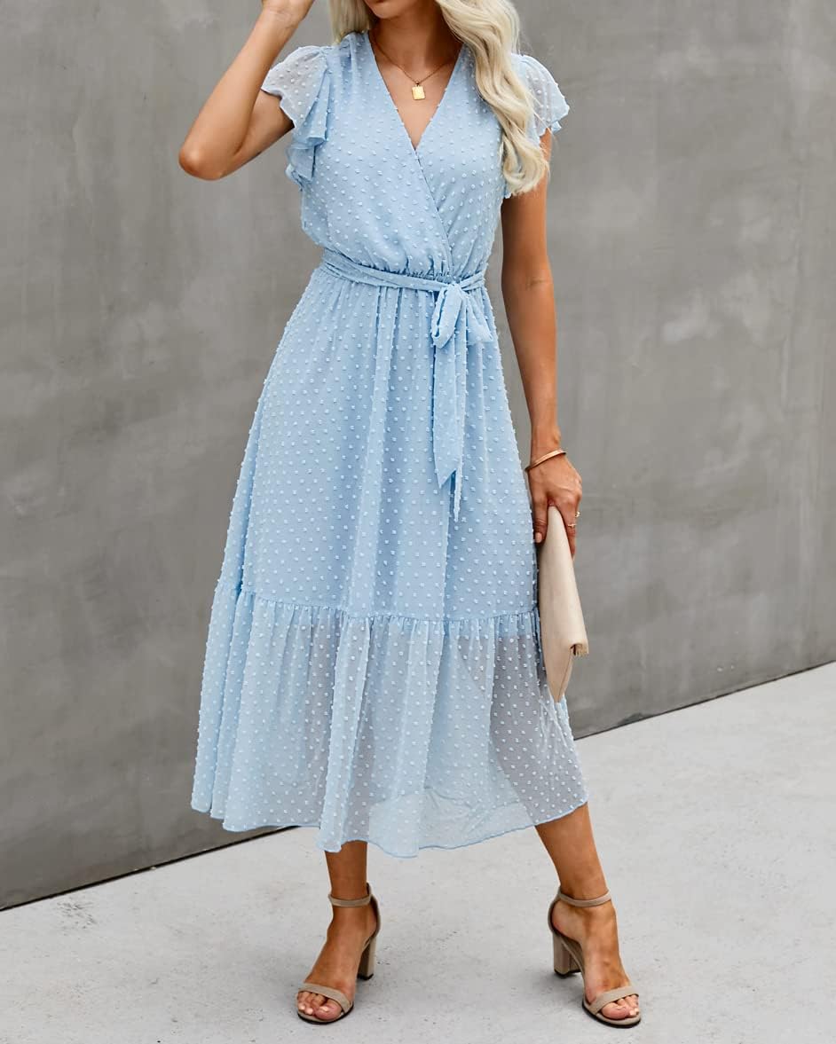 BTFBM Women Summer Bohemian Floral Casual Wrap V Neck Ruffle Cap Sleeveless Belt A-Line Pleated Hem Midi Sun Dress White