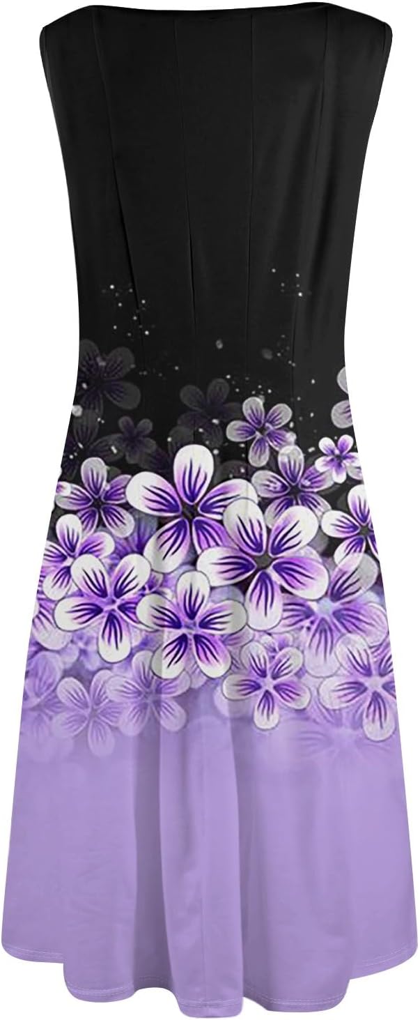 Womens Tank Sundress 2025 Casual Floral Print Tshirt Dress Swing Sleeveless Midi Dress Crewneck Pleated Summer Dresses