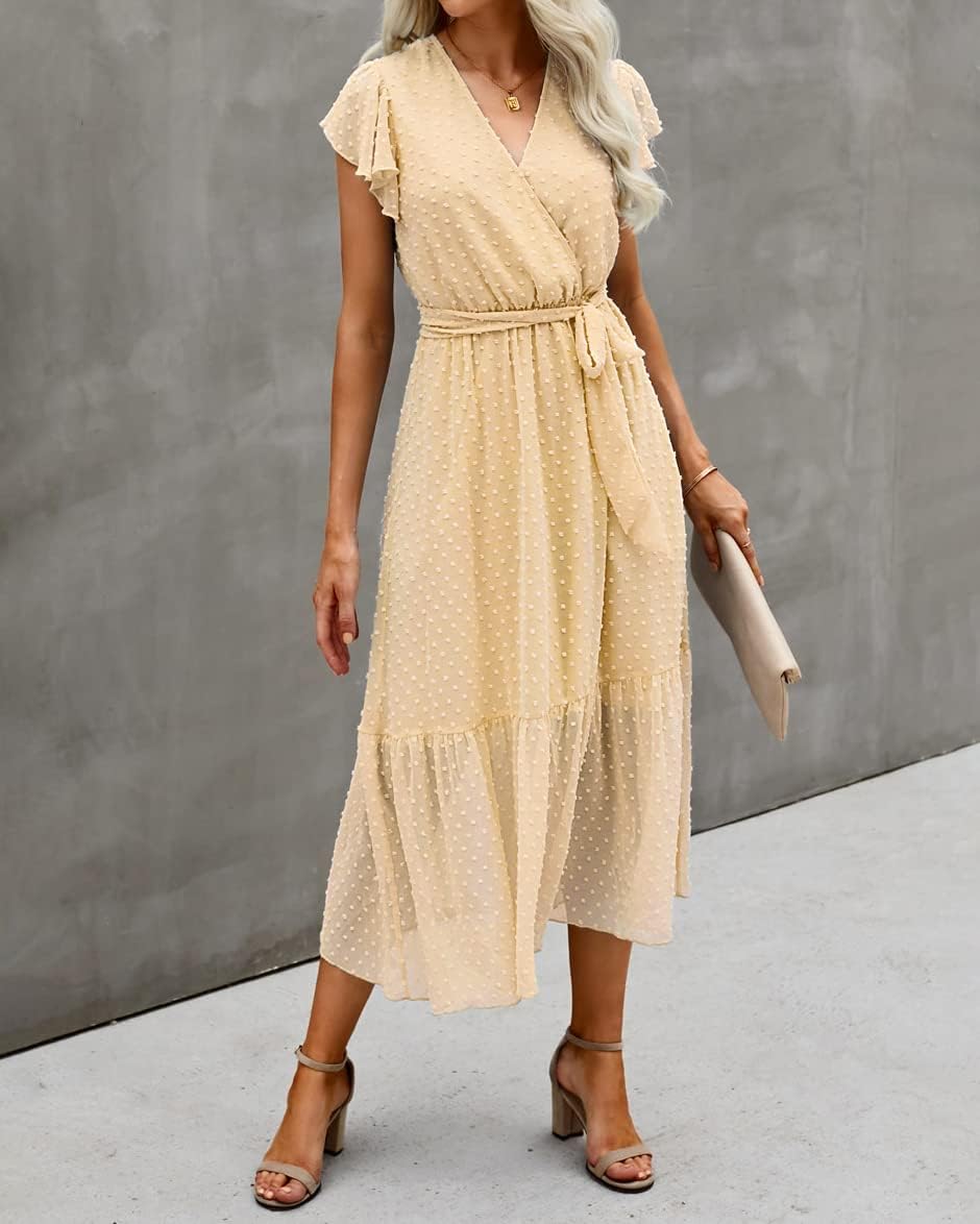 BTFBM Women Summer Bohemian Floral Casual Wrap V Neck Ruffle Cap Sleeveless Belt A-Line Pleated Hem Midi Sun Dress White