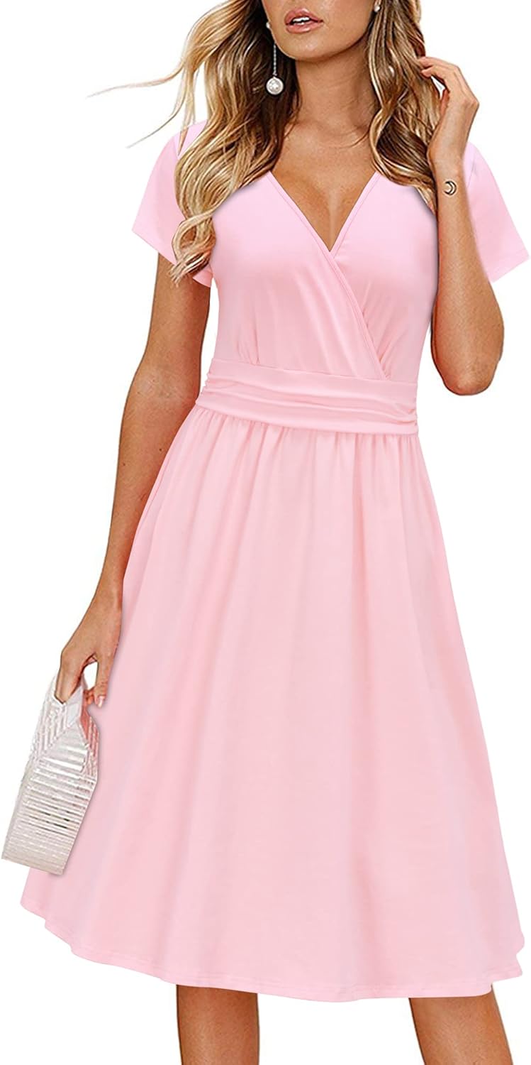 OUGES Women's Summer Short Sleeve V-Neck Floral Short Party Dress with Pockets