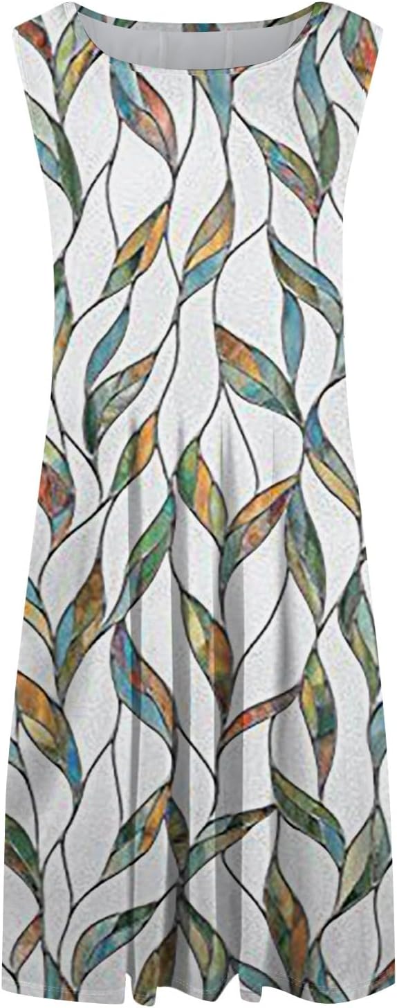 Womens Tank Sundress 2025 Casual Floral Print Tshirt Dress Swing Sleeveless Midi Dress Crewneck Pleated Summer Dresses
