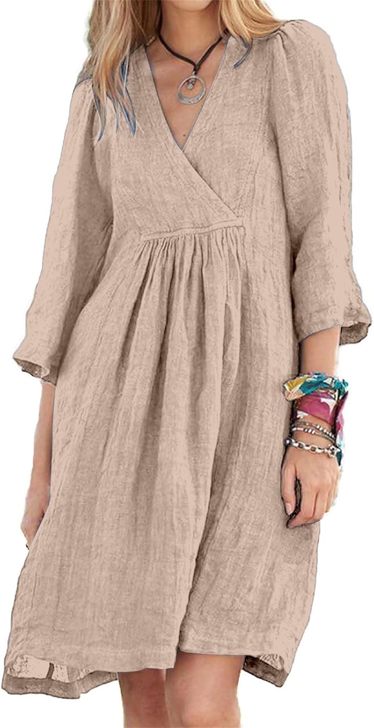 Womens Linen Dress Summer Casual A-line Dresses 3/4 Sleeve Knee Length Ruched Midi Dress V Neck Shift Dresses 2025