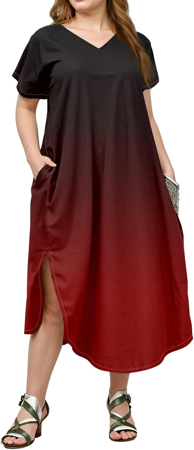 Maxi Dresses for Women 2025 Plus Size Tie Dye V Neck Dress Short Sleeve Side Split Beach Summer Sundress with Pocket