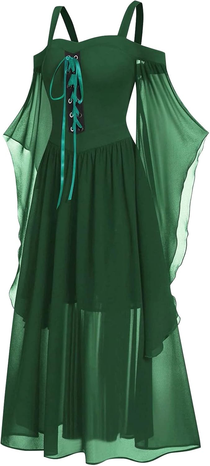Women Casual Cold Shoulder Dress Solid Color Lace Butterfly Sleeve Halloween Retro Cocktail Party Gothic Prom Dress