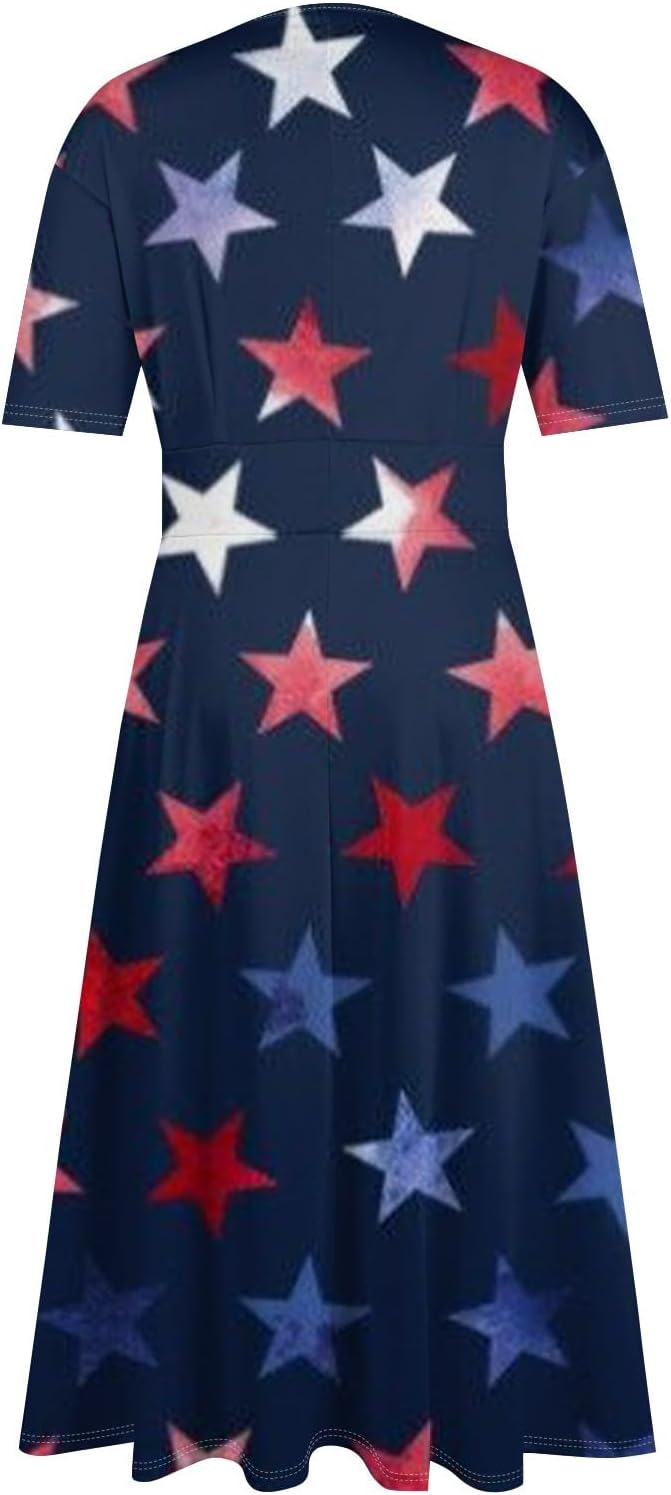 Women's Patriotic Star Print Midi Short Sleeve V-Neck Casual A-Line Dress for Summer Parties & Events