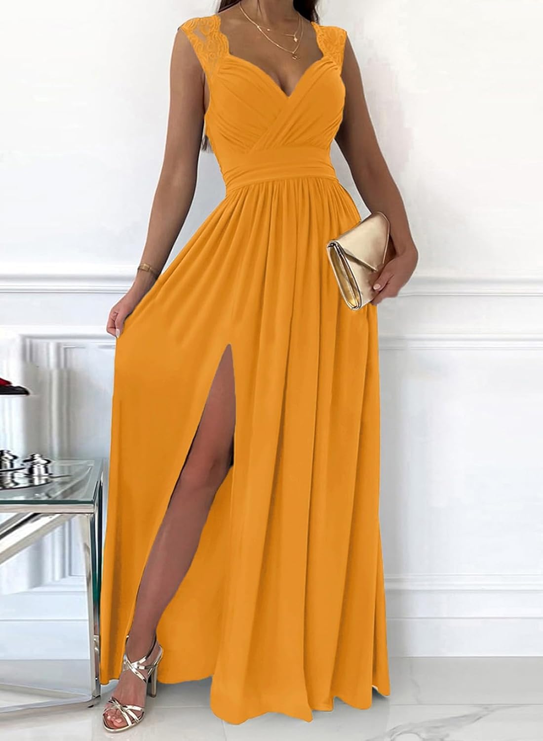 Dokotoo Womens 2025 Formal Dresses Wrap V-Neck Ruched Sexy Bridesmaid Wedding Guest Maxi Dresses