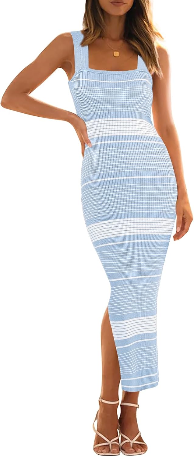 MEROKEETY Women's 2025 Summer Spring Bodycon Midi Dress Vacation Sleeveless Ribbed Knit Striped Party Sweater Dresses