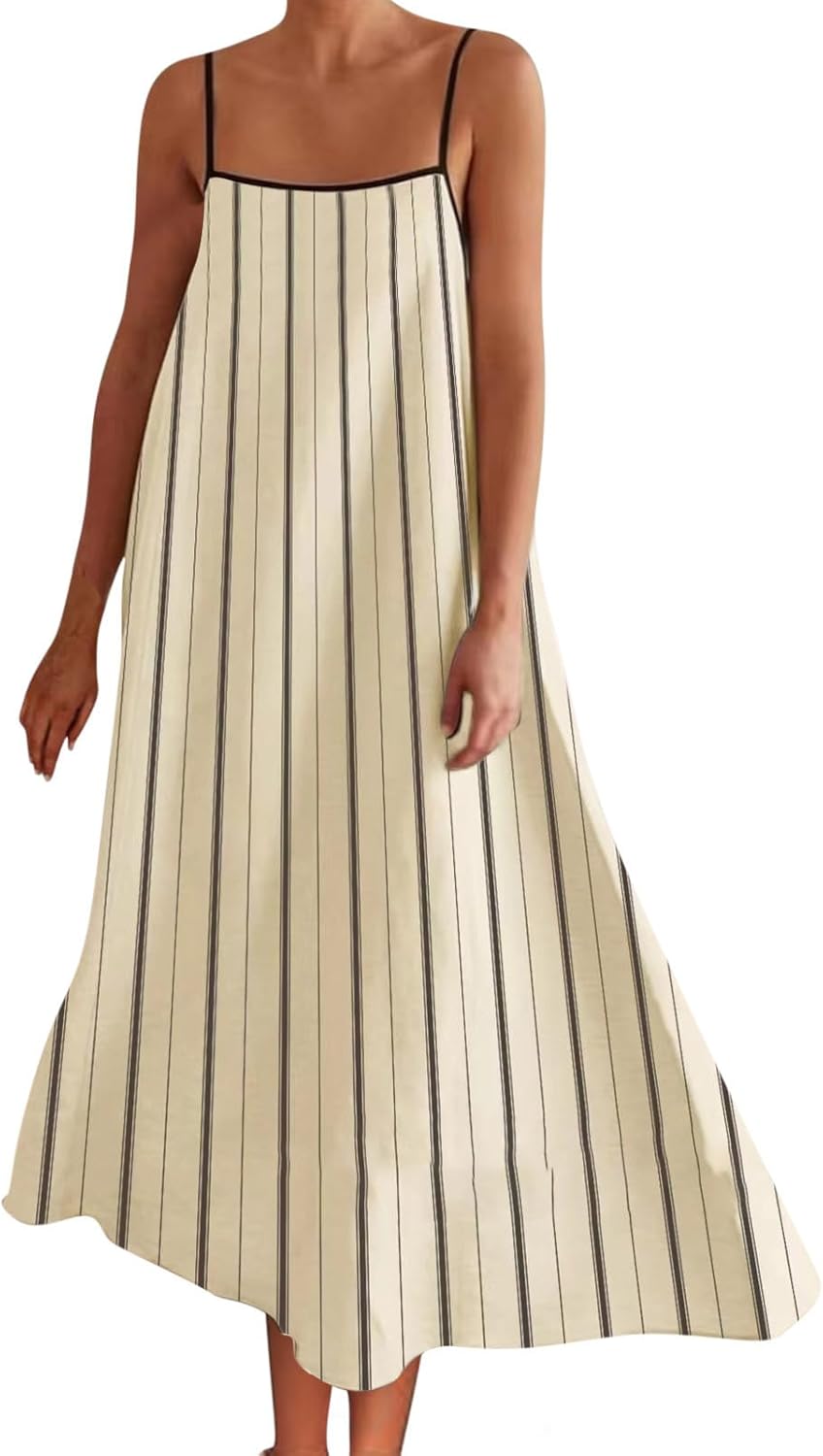 Women's Colorblock Stripe Sleeveless Dress Spaghetti Strap Loose Fit Sling Dresses Summer Mid Calf Length Dress