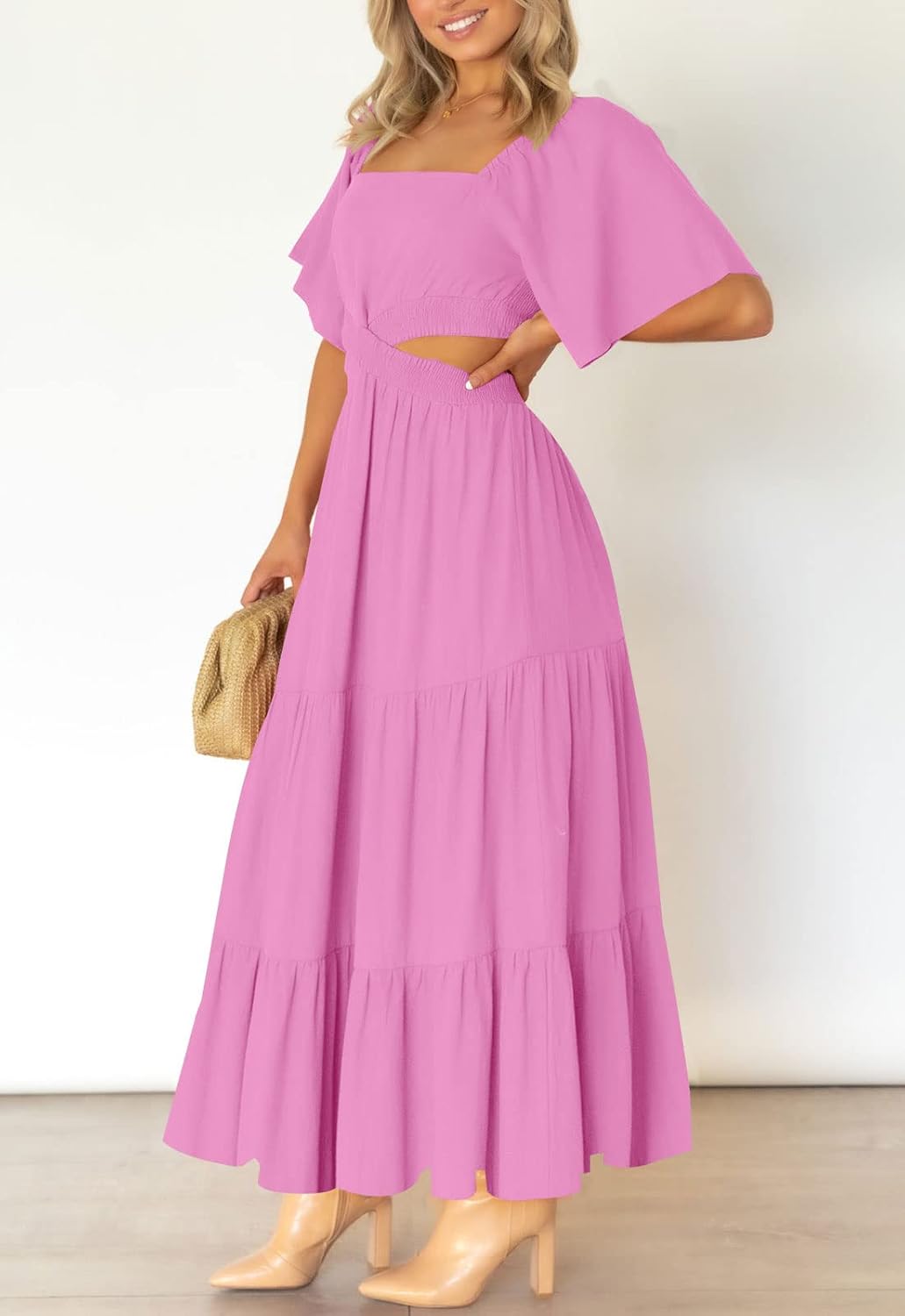 LEANI Women's 2025 Summer Cutout Maxi Dress Square Neck Short Sleeve Crossover Waist Casual Party Dresses