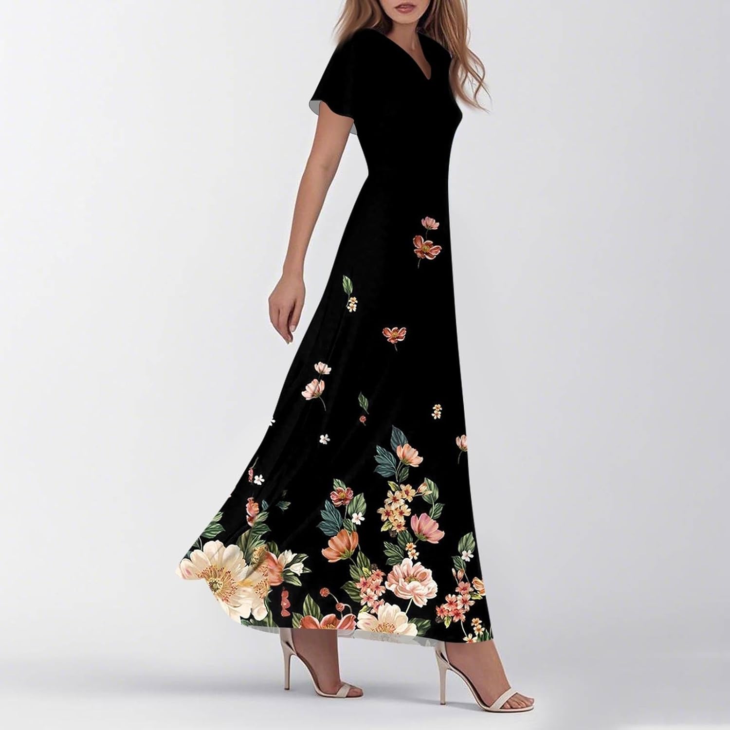 Womens Fashion V Neck Ruffle Short Sleeve Maxi Dress 2025 Summer Elegant Solid Color Flowy A Line Dresses
