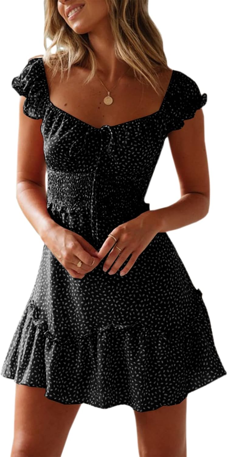 YOBECHO Women's Summer Ruffle Sleeve Sweetheart Neckline Printing Dress Mini Dress