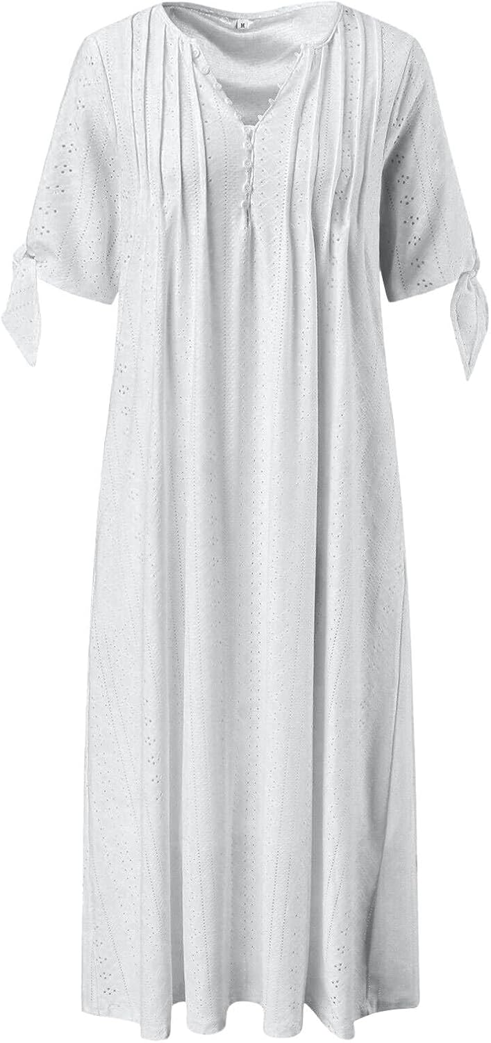 ZYXTIM Womens Eyelet Dress V Neck Short Sleeve Hollow Out Summer Beach Vacation Dresses Swing A Line Vintage Long Dresses