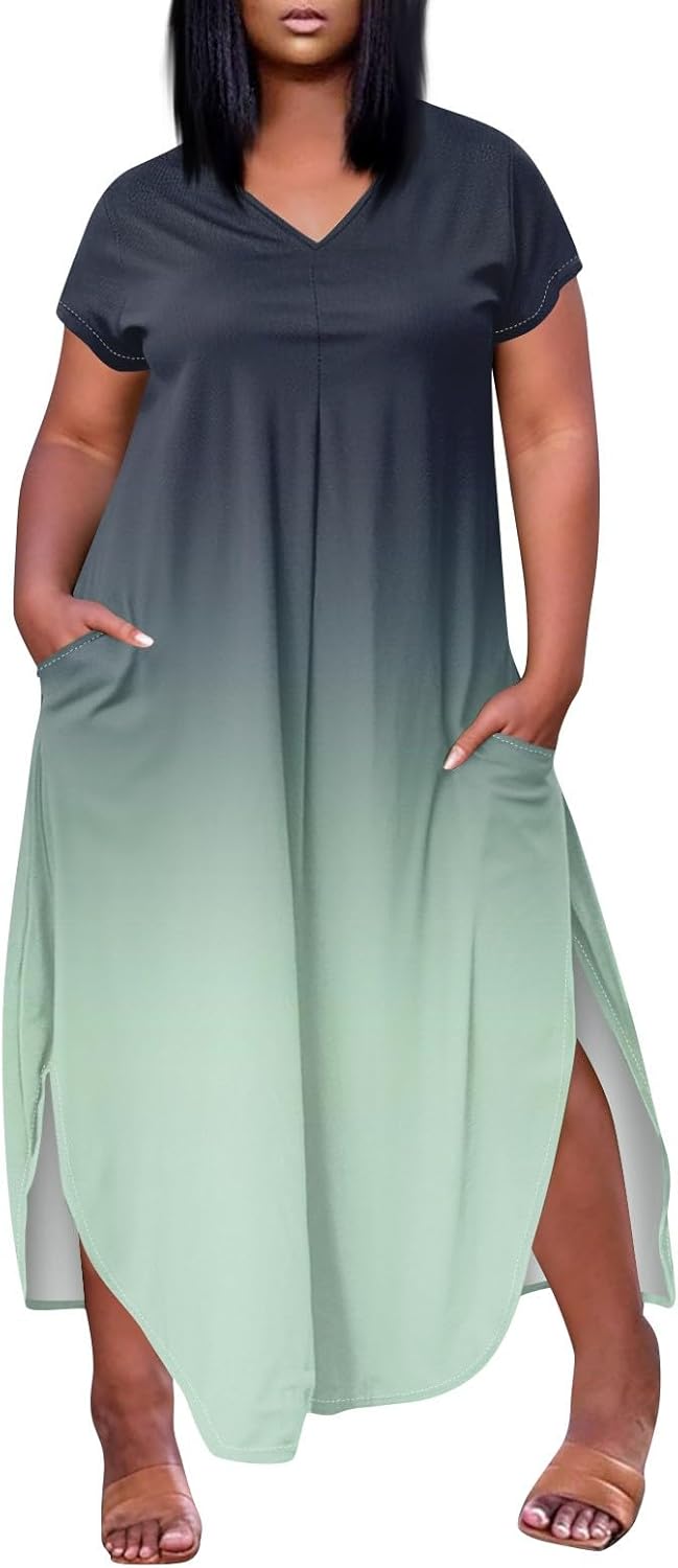Maxi Dresses for Women 2025 Plus Size Tie Dye V Neck Dress Short Sleeve Side Split Beach Summer Sundress with Pocket