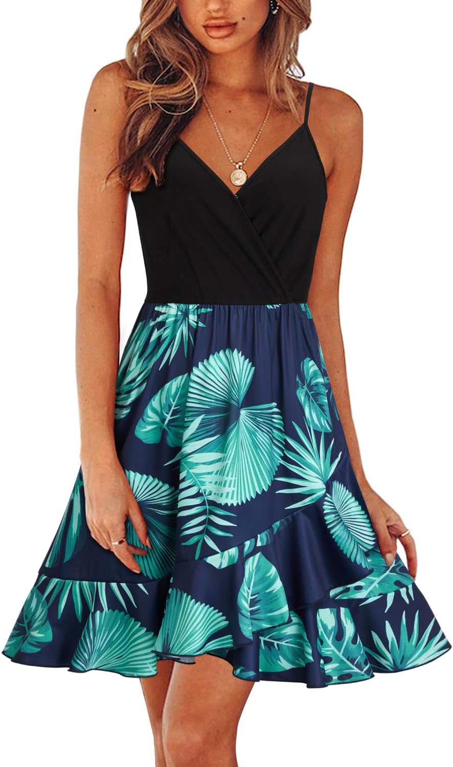 ULTRANICE Womens Summer Dresses Floral V Neck Ruffled Hem Spaghetti Spring Casual Beach Outfits Flowy Wrap Sun Dress