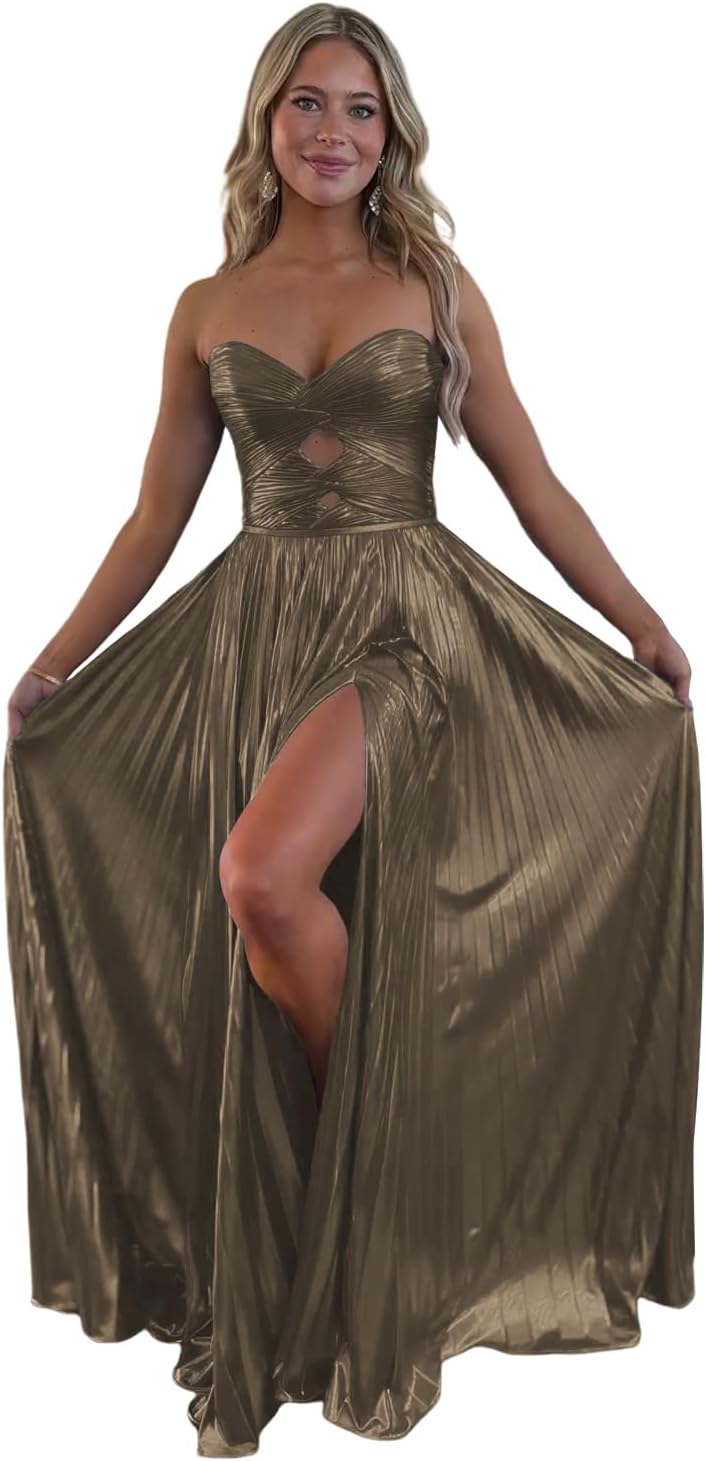 Loyeloy Sparkly Metallic Prom Dresses with Slit A Line Keyhole Satin Long Prom Ball Gowns for Women