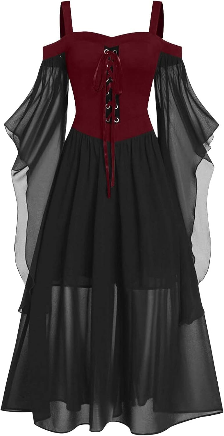 Women Casual Cold Shoulder Dress Solid Color Lace Butterfly Sleeve Halloween Retro Cocktail Party Gothic Prom Dress