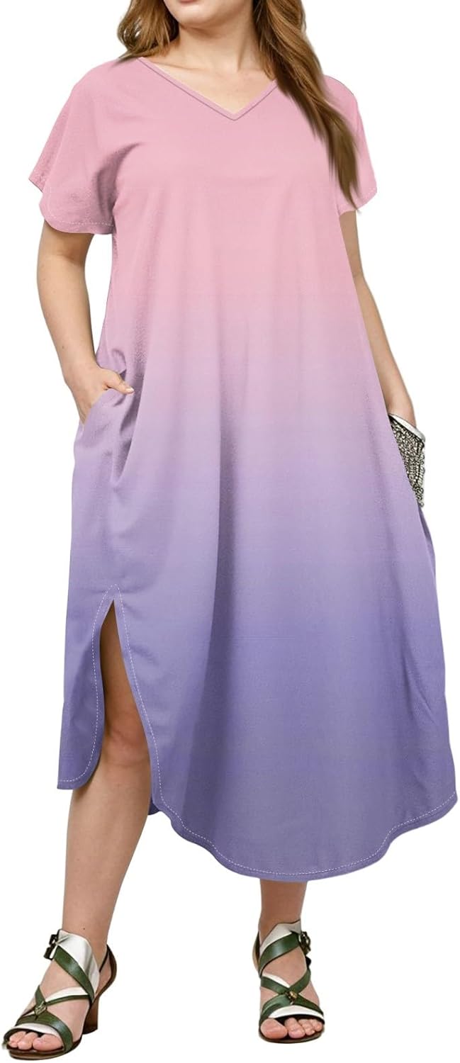 Maxi Dresses for Women 2025 Plus Size Tie Dye V Neck Dress Short Sleeve Side Split Beach Summer Sundress with Pocket