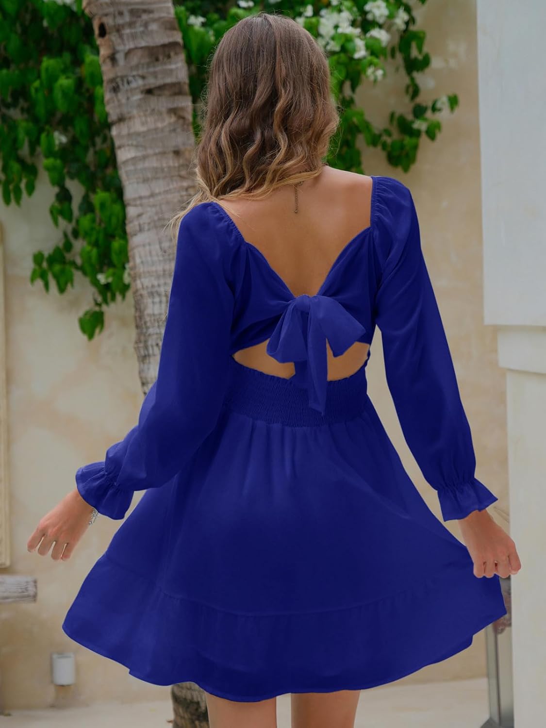 EXLURA Women's 2025 Casual Long Lantern Sleeve Dresses Square Neck Ruffle Tie Back Elastic Waist Aline Short Mini Dress