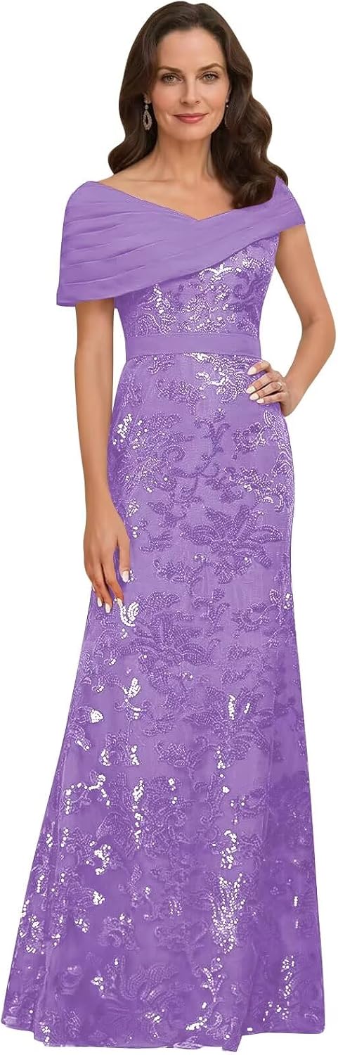 Lace Sequin Mother of The Bride Dresses for Women Long Mermaid Off The Shoulder Formal Evening Dress with Sleeves