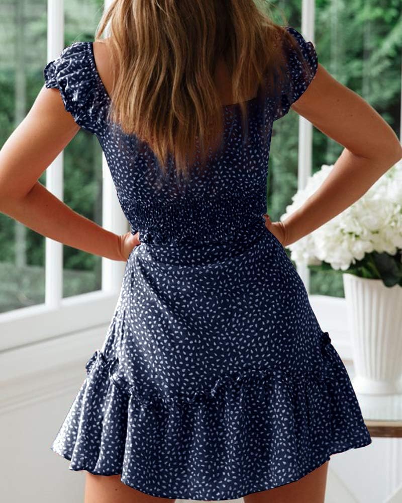 YOBECHO Women's Summer Ruffle Sleeve Sweetheart Neckline Printing Dress Mini Dress