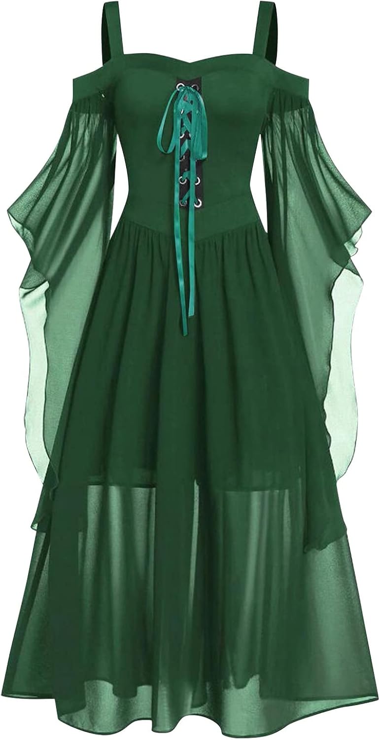 Women Casual Cold Shoulder Dress Solid Color Lace Butterfly Sleeve Halloween Retro Cocktail Party Gothic Prom Dress