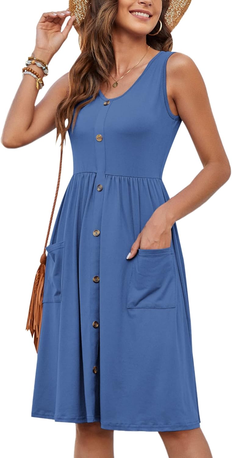 MOLERANI Women Summer Dresses Sleeveless Casual Loose Swing Button Down Midi Dress with Pockets