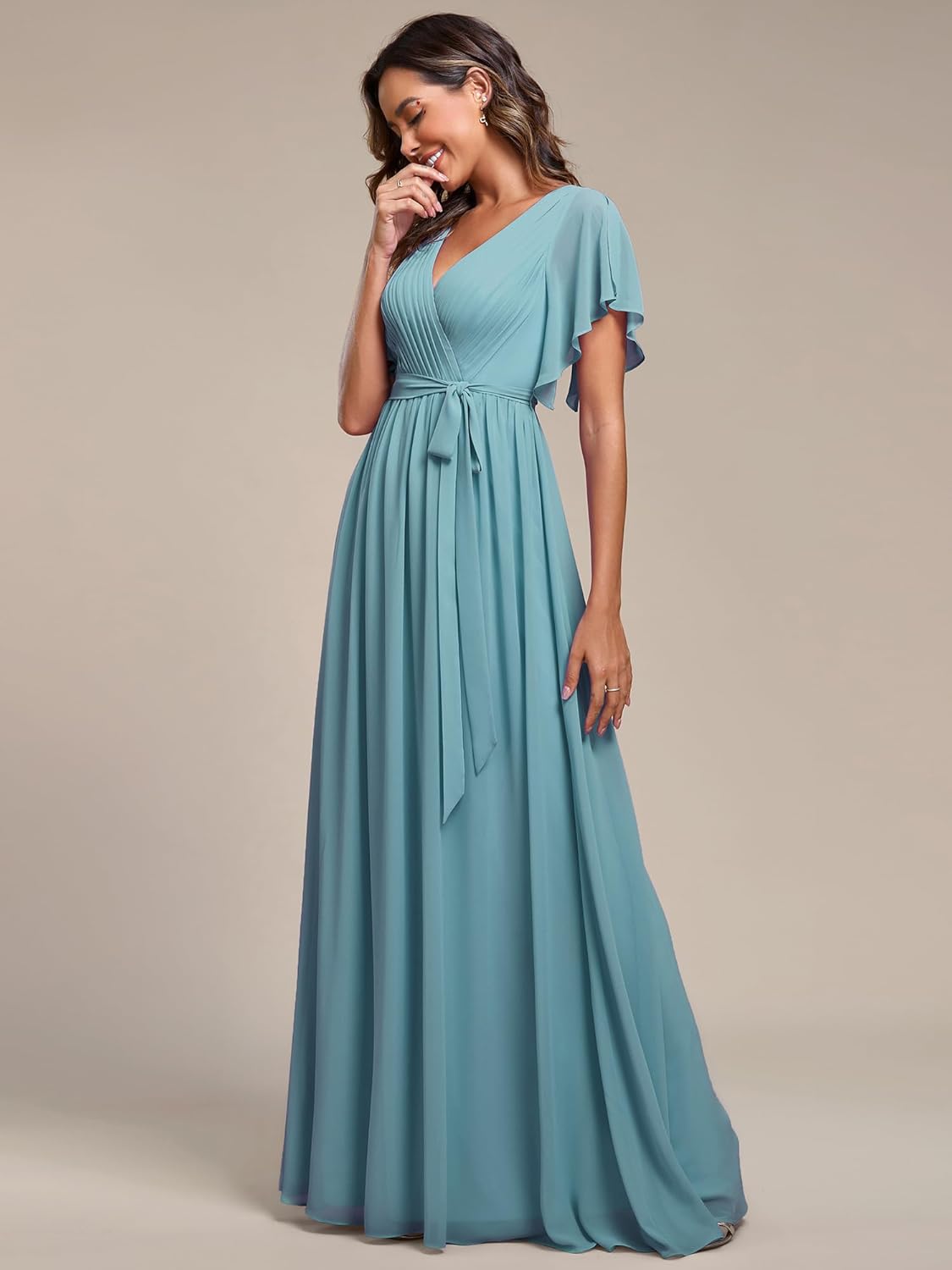 Ever-Pretty Women's Bridesmaid Dress V-Neck Ruffle Sleeves Ruched Bust Floor Length Chiffon Formal Dresses 0164A