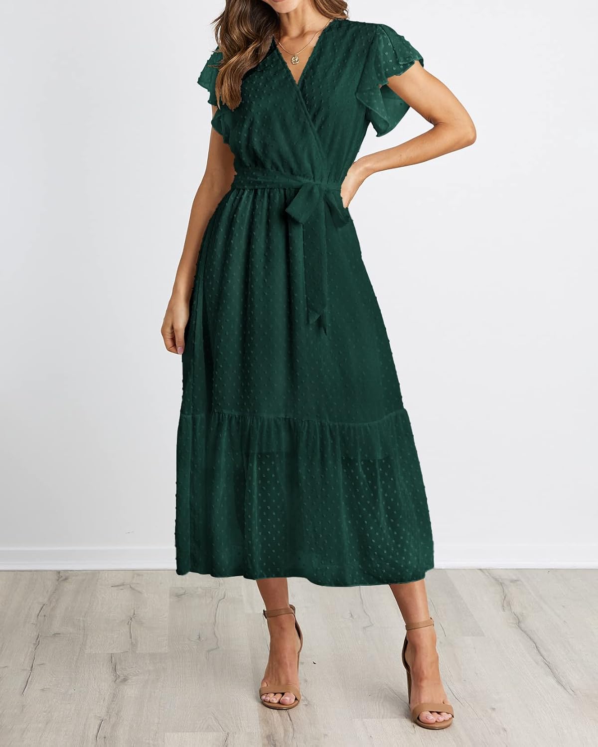 BTFBM Women Summer Bohemian Floral Casual Wrap V Neck Ruffle Cap Sleeveless Belt A-Line Pleated Hem Midi Sun Dress White